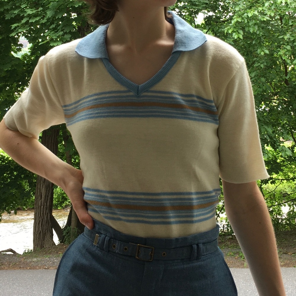 SOLDVintage 1960s 1970s Knit Collared V Neck Shirt